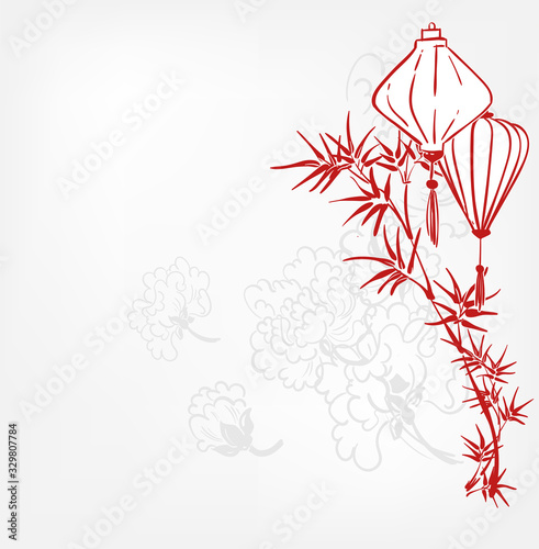 japanese vector sketch illustration engraved chinese paper lights lantern card bamboo