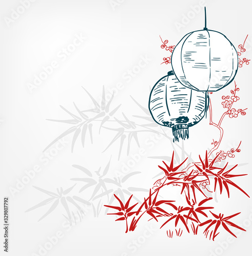 japanese vector sketch illustration engraved chinese paper lights lantern card bamboo