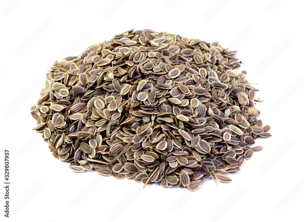 Pile of dill seeds isolated on white background. Pile of dill seeds isolated on white background.