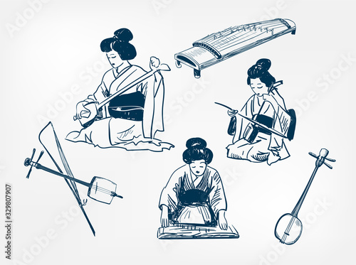 koto sanshin kokyu japanese vector sketch illustration engraved chinese musical instrument kimono girl