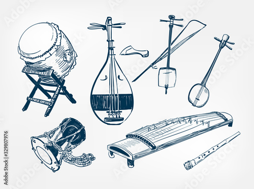 koto sanshin taiko drum Kotsuzumi kokyu fue flute japanese vector sketch chinese musical instrument design elements