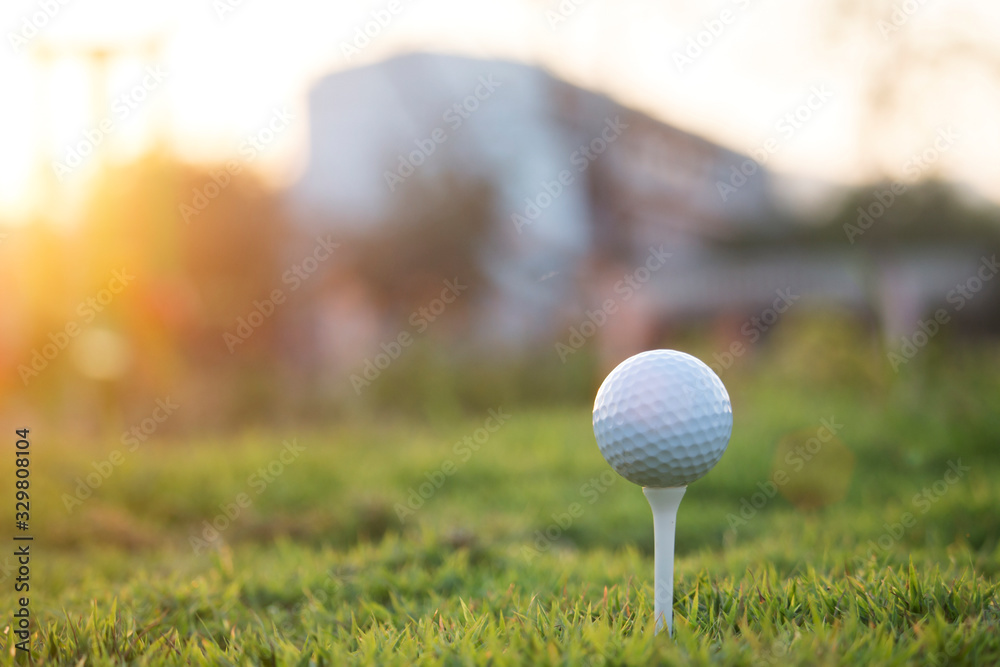 golf ball on tee in a beautiful golf course with morning sunshine golf ball on tee in a beautiful golf course with morning sunshine
