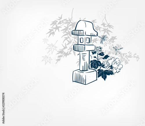 toro stone lighting card vector sketch illustration line art japanese chinese oriental design