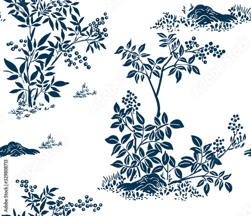 buckthorn honeysuckle vector ink illustration sketch japanese chinese style line art design seamless pattern
