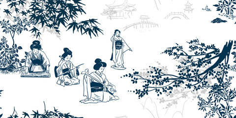 Canvas schilderij Japanse stijl patronen Geisha met muziekinstrument in inktstijl  © CharlieNati