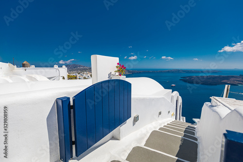 Amazing summer landscape. White and blue architecture under blue sky. Perfect travel and vacation background concept