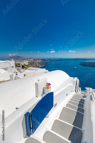 Amazing summer landscape. White and blue architecture under blue sky. Perfect travel and vacation background concept