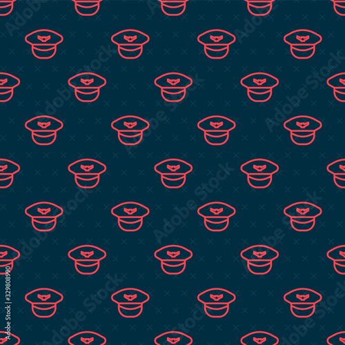 Red line Pilot hat icon isolated seamless pattern on black background. Vector Illustration
