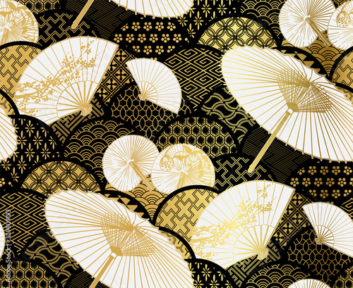 fan flower unbrella vector japanese chinese seamless pattern design gold black