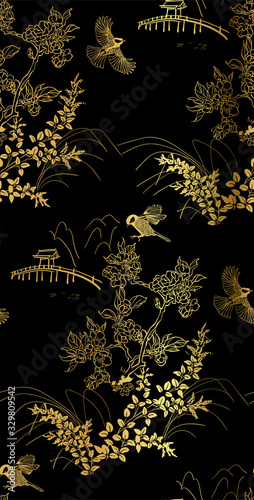 lespedeza bird bridge vector seamless japanese chinese pattern gold black traditional