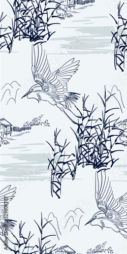 heron bulrush vector seamless japanese chinese pattern traditional
