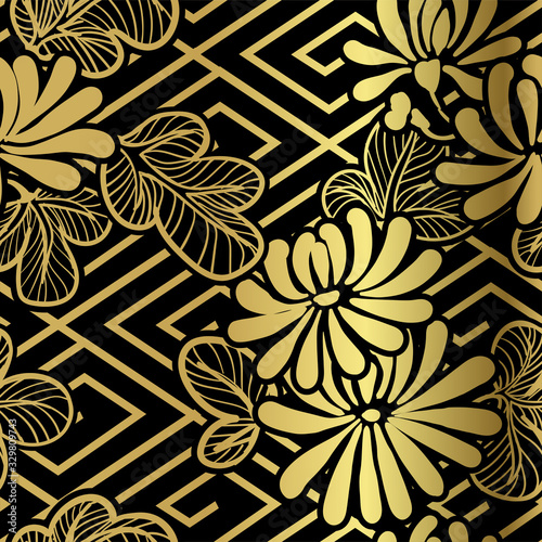 chrysanthemum vector seamless japanese chinese pattern gold black traditional