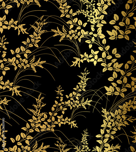 lespedeza plant leaves vector seamless japanese chinese pattern gold black traditional