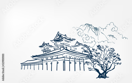 Shintoism temple nature landscape view landscape card vector sketch illustration japanese chinese oriental line art