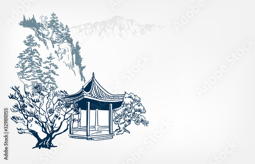 alcove view landscape card vector sketch illustration japanese chinese oriental line art