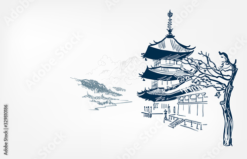 Buddhism temple card nature landscape view landscape card vector sketch illustration japanese chinese oriental line art