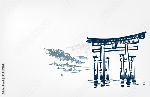 water gates thorium view landscape card vector sketch illustration japanese chinese oriental line art