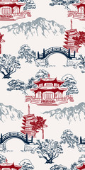 Papier peint photo Paysage patrons Temple bouddhiste paysage japonais traditionnel  © CharlieNati