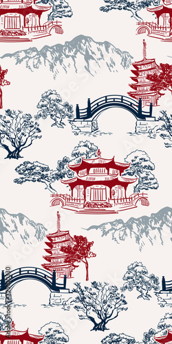 Buddhism temple card nature landscape view landscape card vector sketch illustration japanese chinese seamless pattern