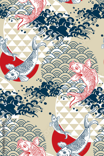 koi fish wave water circles japanese chinese vector design pattern