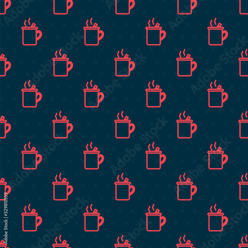 Red line Mulled wine with glass of drink and ingredients icon isolated seamless pattern on black background. Cinnamon stick, clove, lemon slice. Vector Illustration
