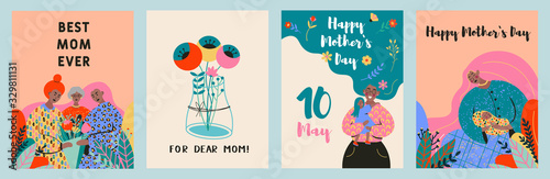 Set of Mother with long hair with daughters and a bouquet of flower. Happy Mother's Day celebration greeting card design decorated with flowers in flat hand drawn style.