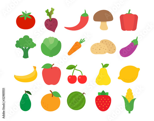 Flat design fresh raw fruits and vegetables vector icon set.