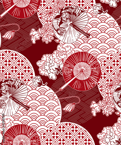 red fans flower japanese chinese vector design pattern