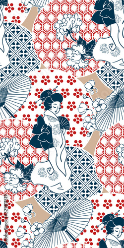 geisha girl fan umbrella kimono circles japanese chinese vector design pattern blue red