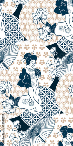 geisha girl fan umbrella kimono circles japanese chinese vector design pattern blue red