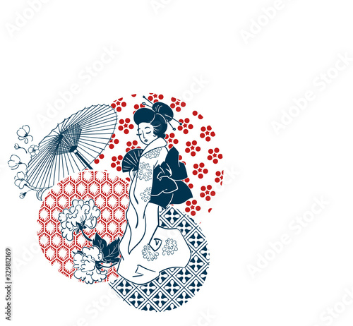 geisha woman umbrella fan circles japanese chinese vector design pattern card