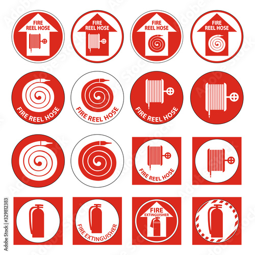 Set Fire Reel Hose Floor,Extinguisher Sign on white background