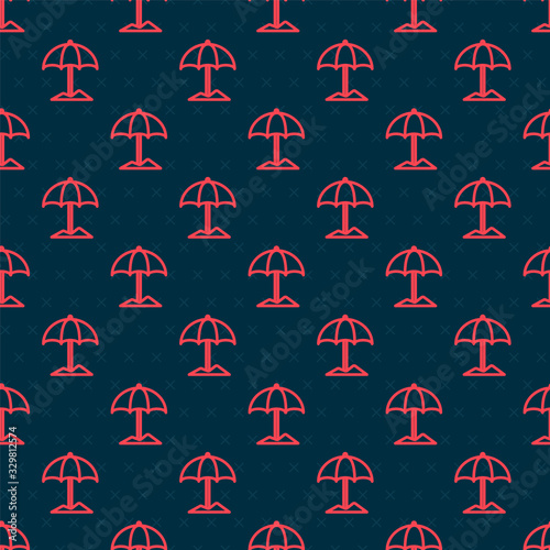 Red line Sun protective umbrella for beach icon isolated seamless pattern on black background. Large parasol for outdoor space. Beach umbrella. Vector Illustration
