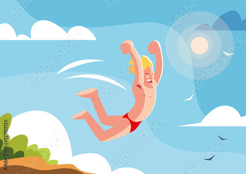 man jumping to the swimming pool with background landscape