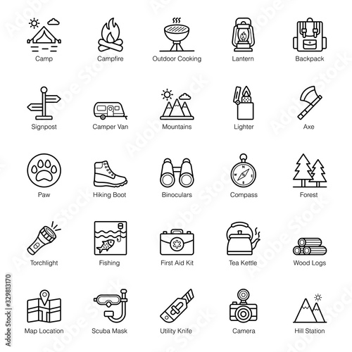 Camping and Hiking Line Icons Pack 