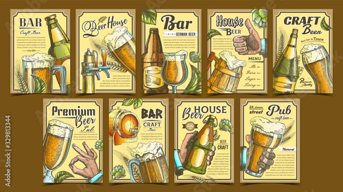 Beer Pub Collection Advertising Posters Set Vector. Wooden Barrel And Glass Cups, Bottles And Bar Faucet, Hops And Wheat On Different Commercial Promotional Banners Tavern. Advertisement Illustrations