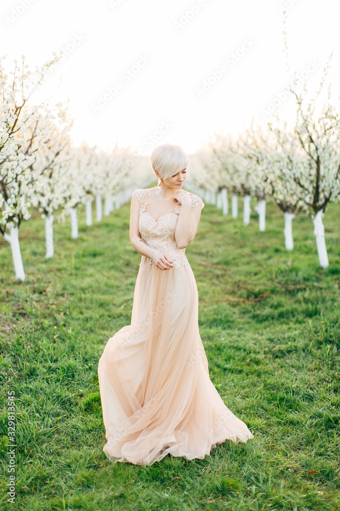 Portrait of young pretty blond woman in wedding elegant dress in the flowered garden in the spring time. Fruit trees blossoms, lines of trees on the background