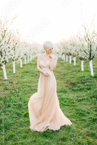 Portrait of young pretty blond woman in wedding elegant dress in the flowered garden in the spring time. Fruit trees blossoms, lines of trees on the background © sofiko14