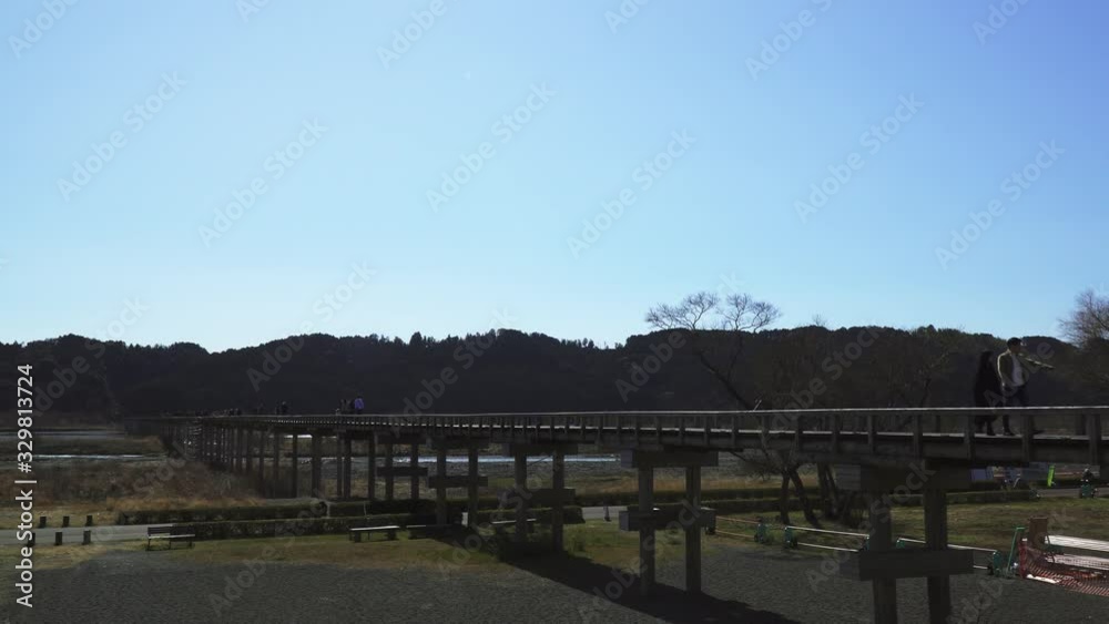 a houraibashi bridge, a long wooden bridge over the oi river in shimada city, a houraibashi bridge, a long wooden bridge over the oi river in shimada city,