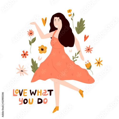 Young happy dancing girl. LOVE WHAT YOU DO text.
