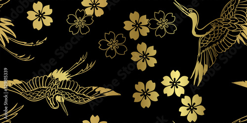 sakura flower bird crane japanese chinese design vector seamless pattern