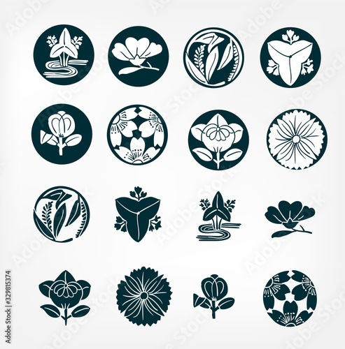 japanese chinese vector design heraldic badge set flower