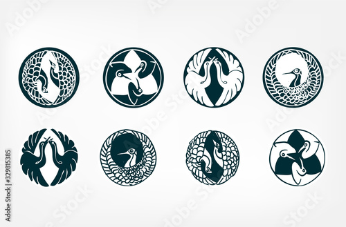 japanese chinese vector design heraldic badge set bird crane