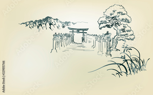 thorium temple nature landscape view vector sketch illustration japanese chinese oriental line art