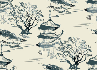 Papier peint photo Paysage patrons Temple oriental paysage encre japonaise  © CharlieNati