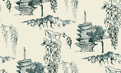 Canvas schilderij Japanse stijl patronen Japanse tempel in oosters landschap  © CharlieNati