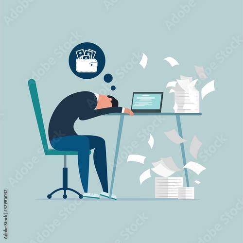 Money problem Financial Trouble Flat Illustration.Professional burnout syndrome. Exhausted sick tired male manager in office sad boring sitting with head down on laptop. Frustrated worker mental healt