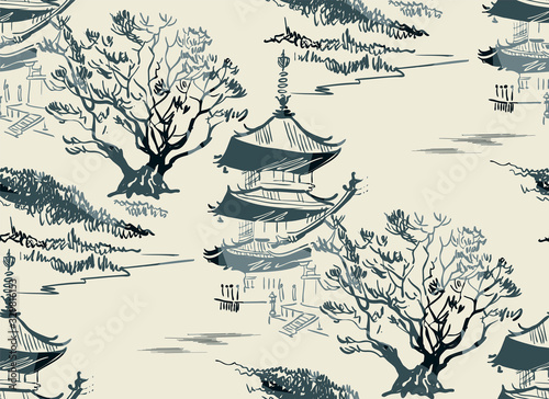 temple nature landscape view vector sketch illustration japanese chinese oriental line art seamless pattern