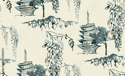 temple nature landscape view vector sketch illustration japanese chinese oriental line art seamless pattern