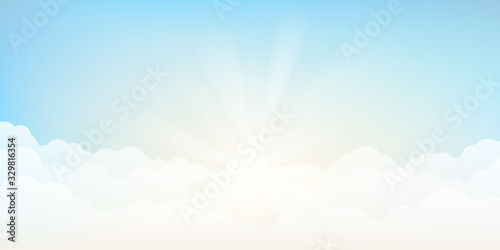 Heaven blur background abstract art. Blurred blue sky backdrop with light bokeh clouds. Vector illustration